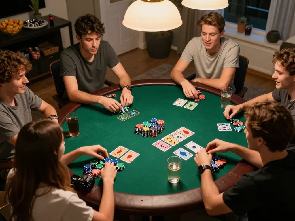 Friends engaged in a home poker night using f8betlv strategies for successful gameplay.