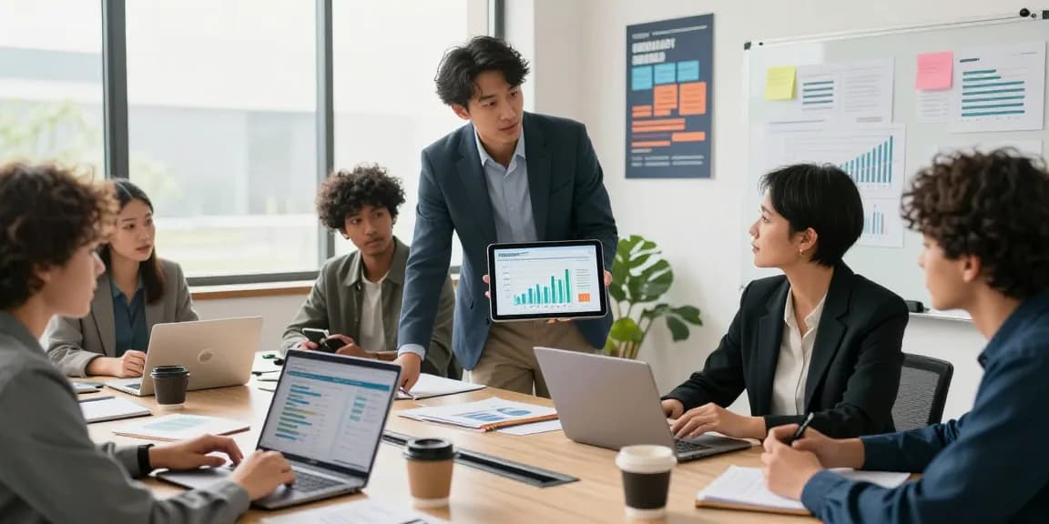 Tim profesional berdiskusi tentang strategi GEGESLOT di ruang kerja modern dengan lingkungan kolaboratif.