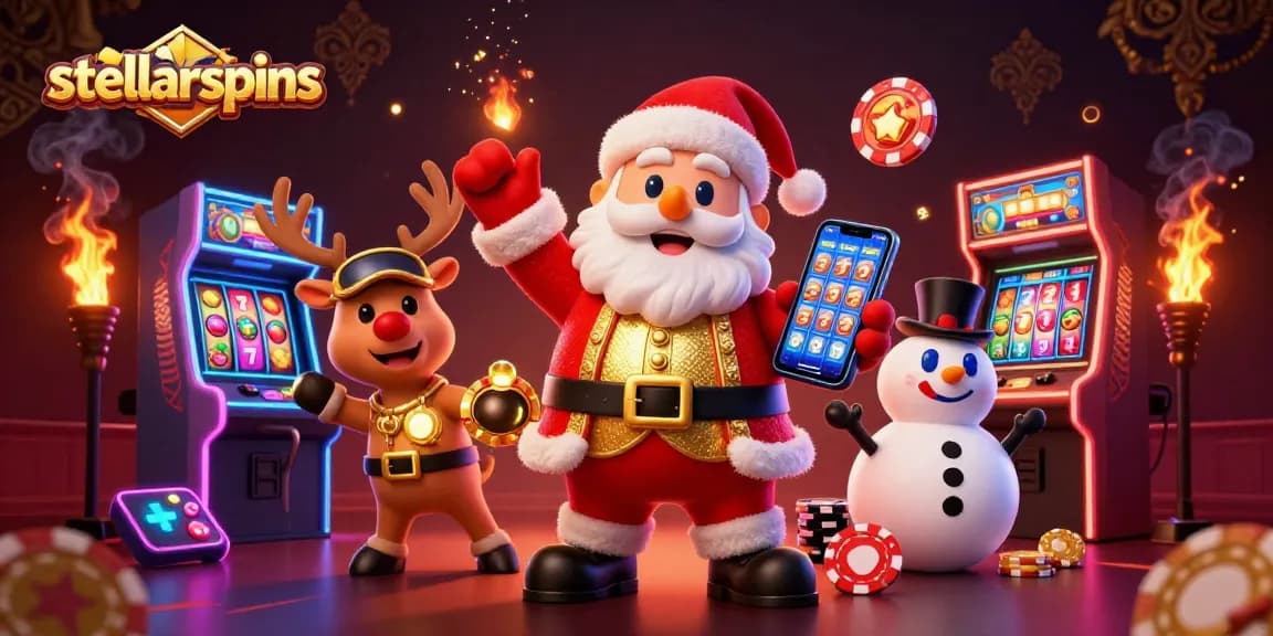 Embark on a stellarspins adventure with festive characters among vibrant casino games and jackpots.
