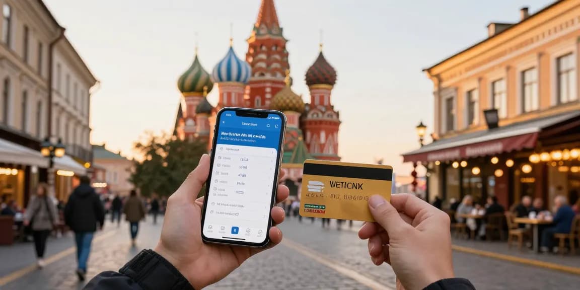 Pengembara menggunakan https://payinrussia.com/ untuk pembayaran di Rusia dengan kad maya di tengah suasana bandar yang meriah.