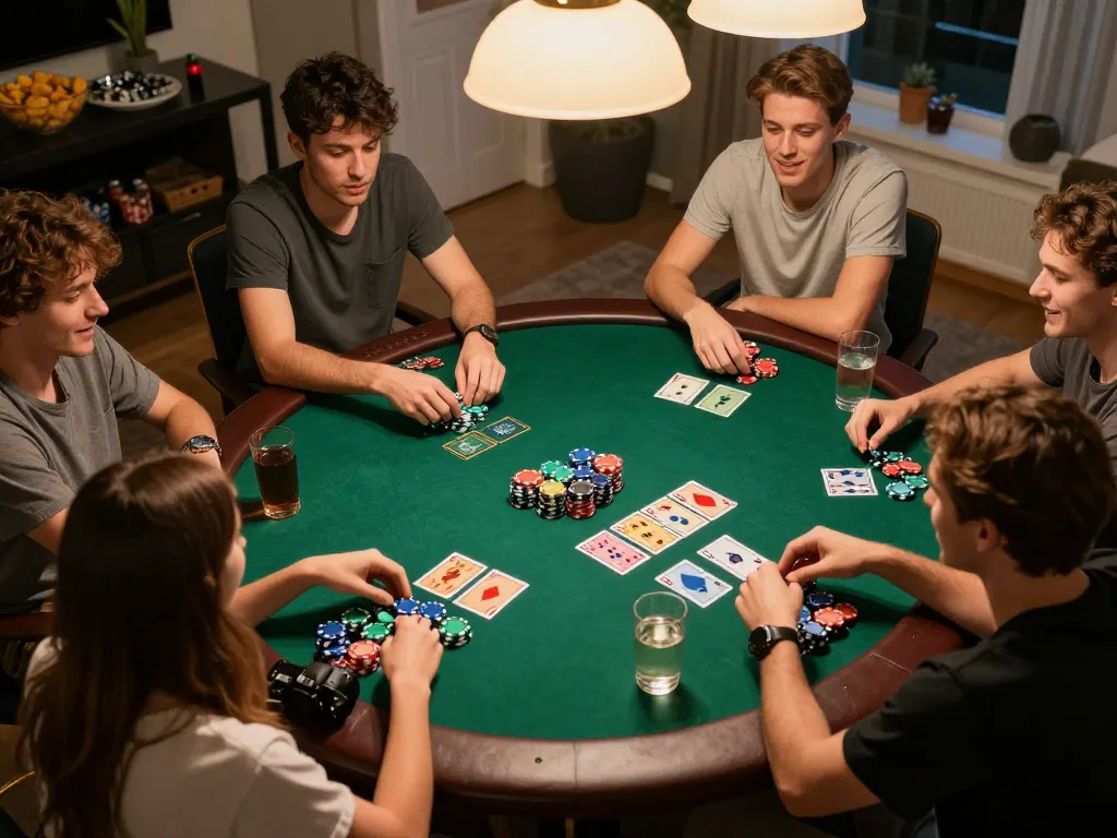 Friends engaged in a home poker night using f8betlv strategies for successful gameplay.