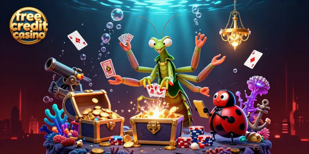 Engage with the exciting free credit casino promotional illustration featuring unique casino characters and vibrant elements.