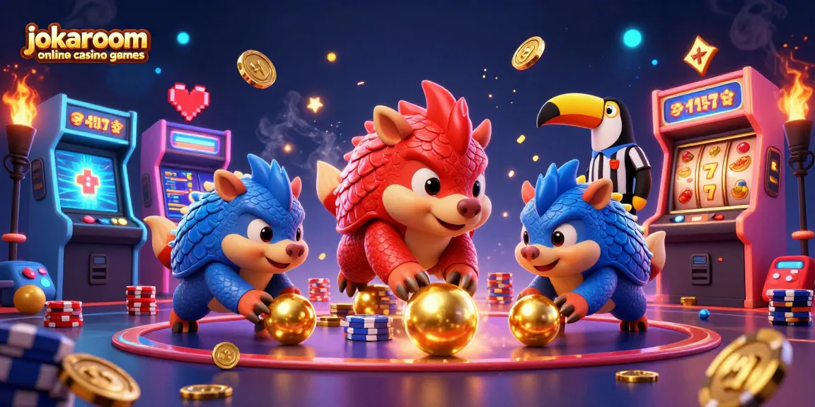 Engage with jokaroom online casino games featuring vibrant pangolins in competition at a casino-themed arcade.