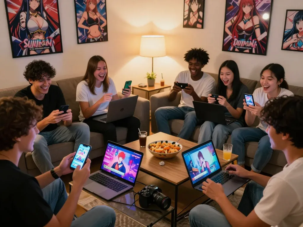 Friends enjoying interactive porno games on various devices in a cozy living room, showcasing the fun aspect of adult gaming.