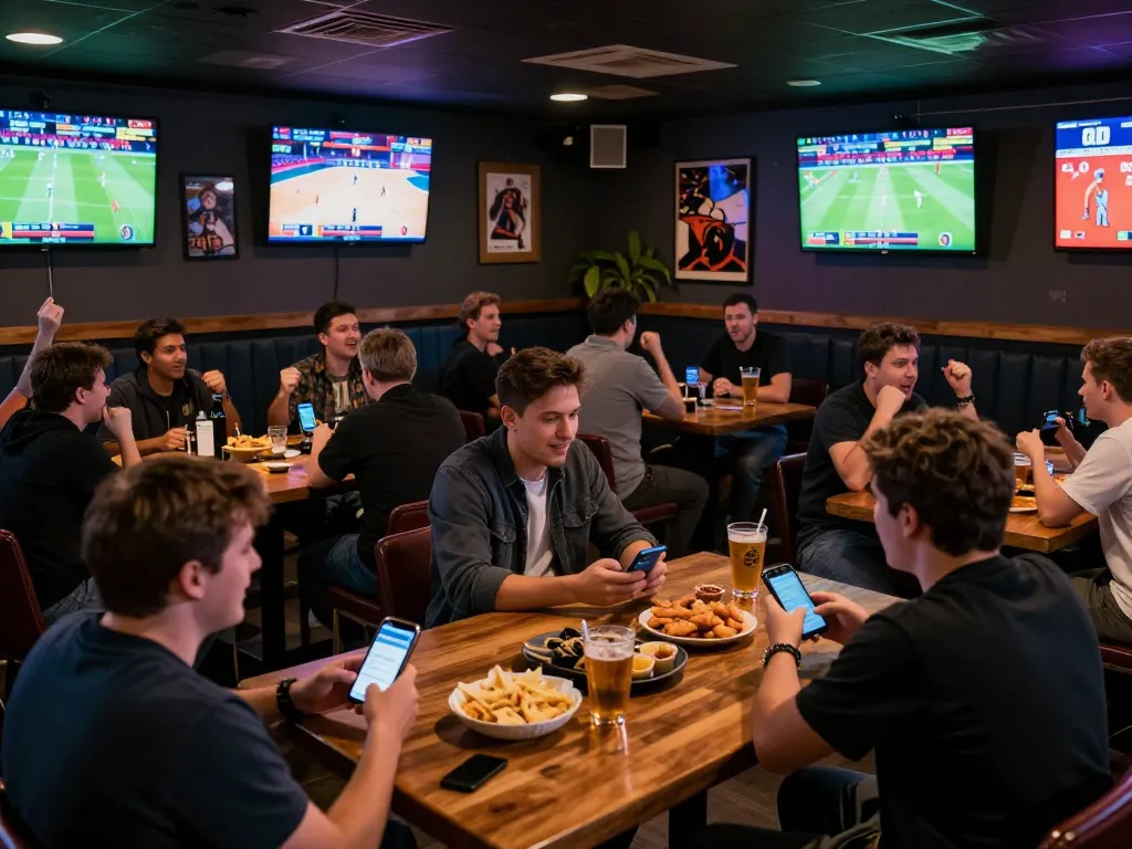 Fans celebrating sports betting wins using keo nha cai apps in an energetic sports bar
