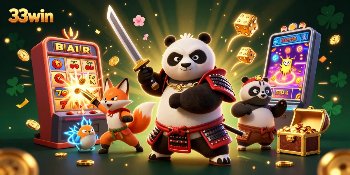 Experience thrilling rewards with 33win's dynamic 3D casino scene showcasing slot machines and engaging characters.