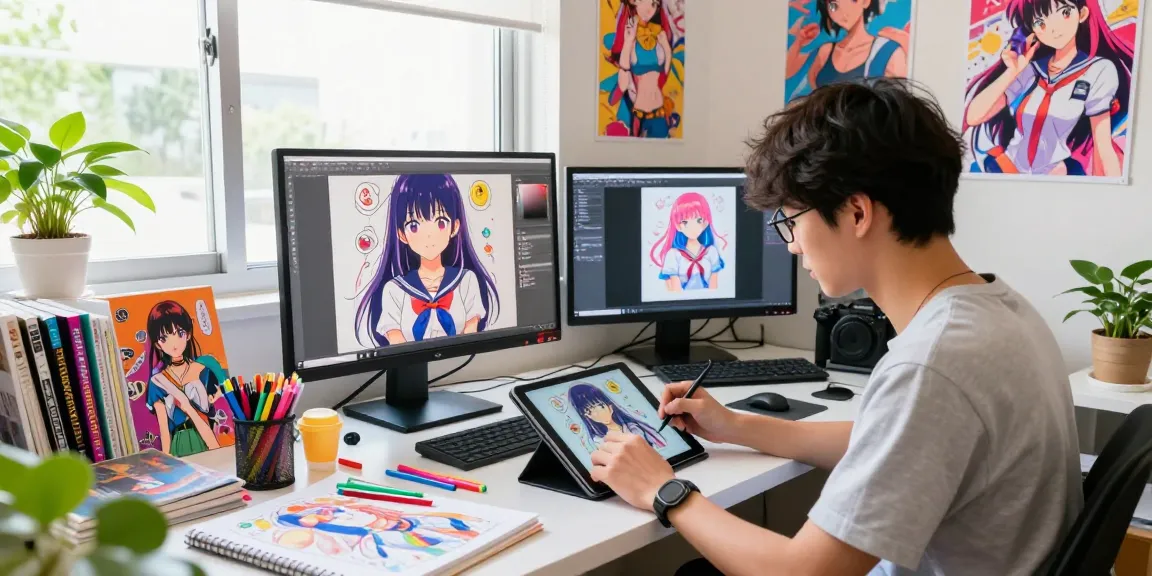 Creating ai ecchi art in a vibrant digital studio setting with colorful supplies.