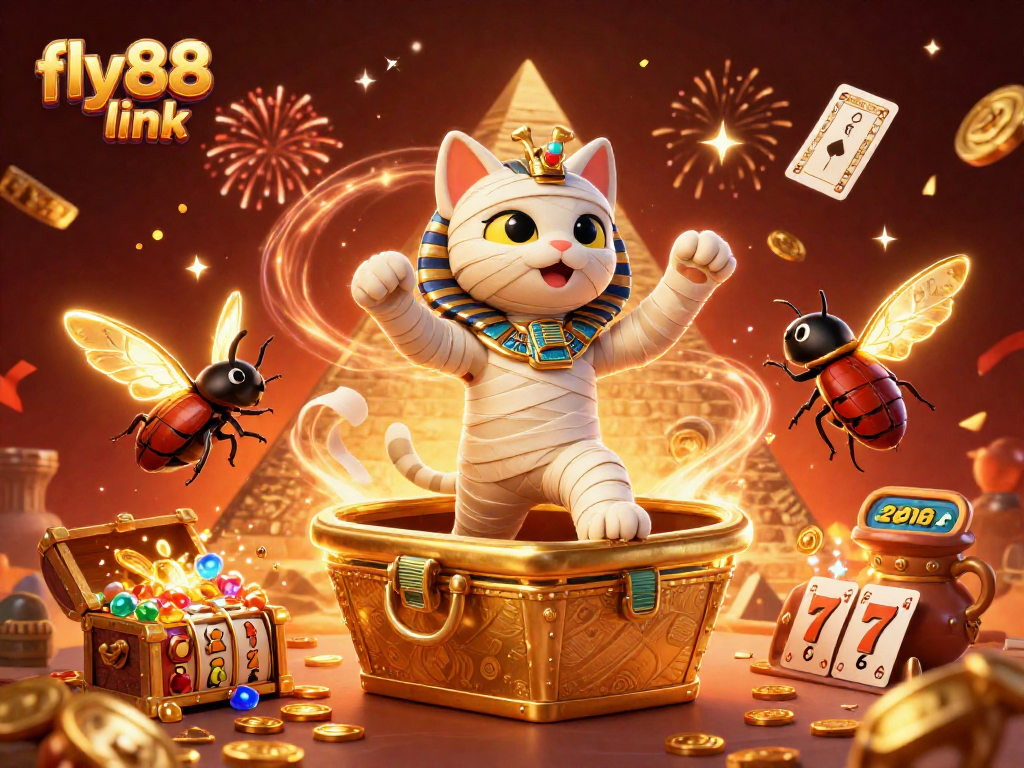 Engage with the excitement of fly88 link through an enchanting illustration featuring a mummy cat, glowing scarab, and casino elements.