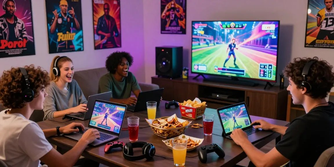 Friends enjoying gay porn games together in a cozy living room with vibrant atmosphere.