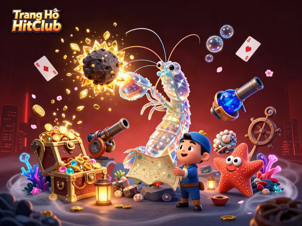 Experience the thrill of gaming with Trang Chủ HitClub featuring vibrant animated characters and treasure bursts.