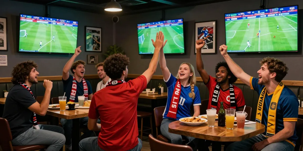 Football Betting Malaysia scene in a vibrant sports bar with friends celebrating a match.