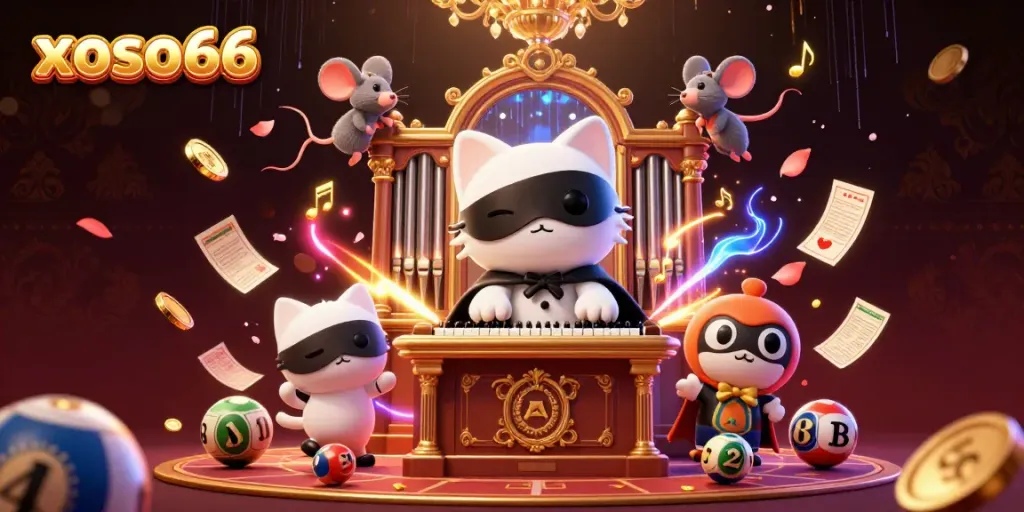 Experience excitement with xoso66 through a vibrant 3D casino scene featuring playful characters and dynamic elements.