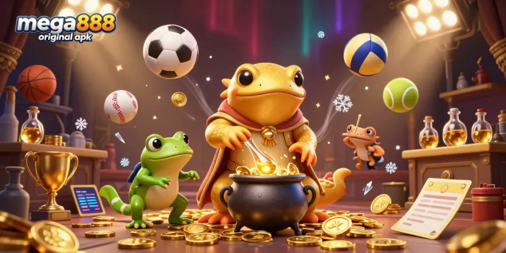 Experience the magic of mega888 original apk with a vibrant scene of a golden salamander alchemist crafting gold coins in a lively casino lab.
