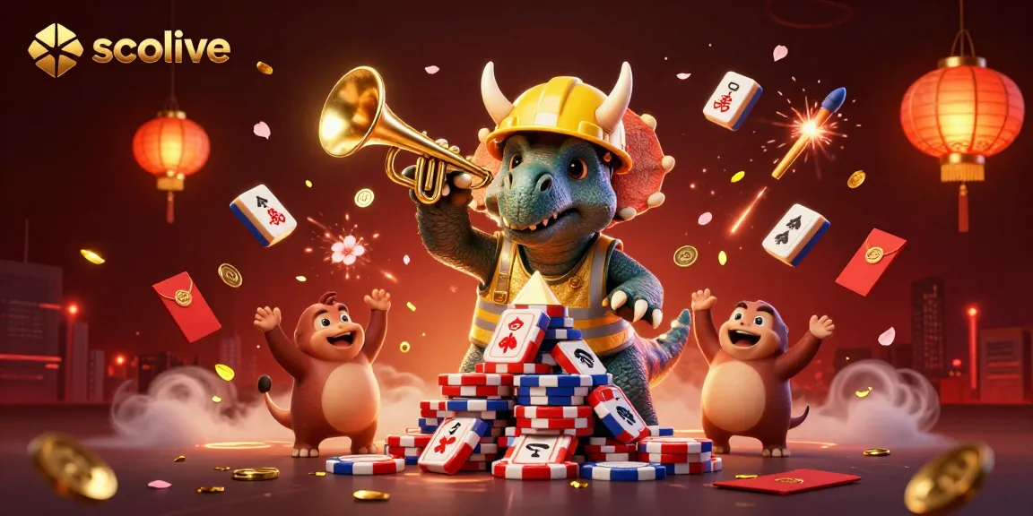 Socolive features a 3D triceratops building poker chips with mahjong tiles and celebratory elements, highlighting vibrant casino energy.