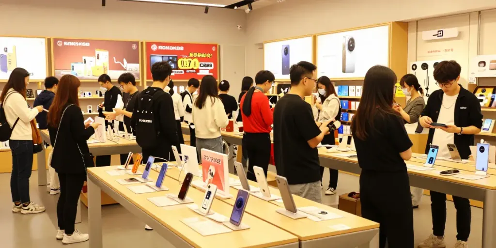 Shoppers exploring ROKOK88 products in a vibrant store atmosphere.