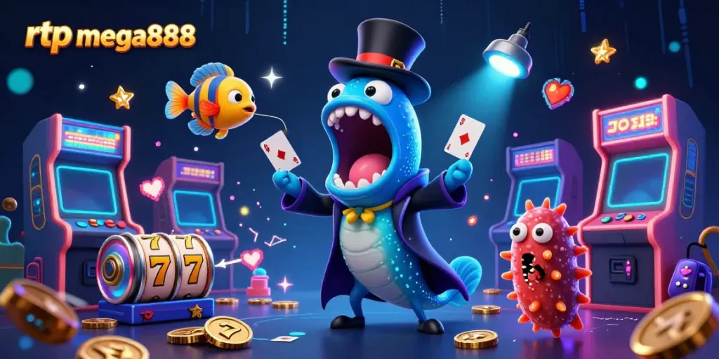 Experience exciting rtp mega888 magic with a vibrant underwater casino scene featuring animated characters.