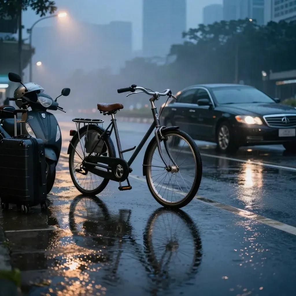 Bulan biru Kuala Lumpur dengan basikal jelajah, skuter, sedan, troli bagasi di sudut jalan basah.