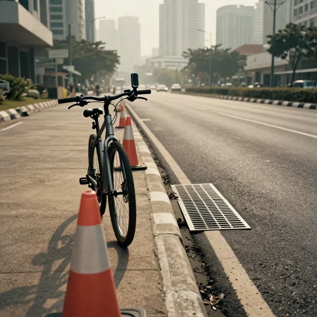 Basikal dan laluan pandu arah di lorong bandar dengan kon koral dan kabus trafik.