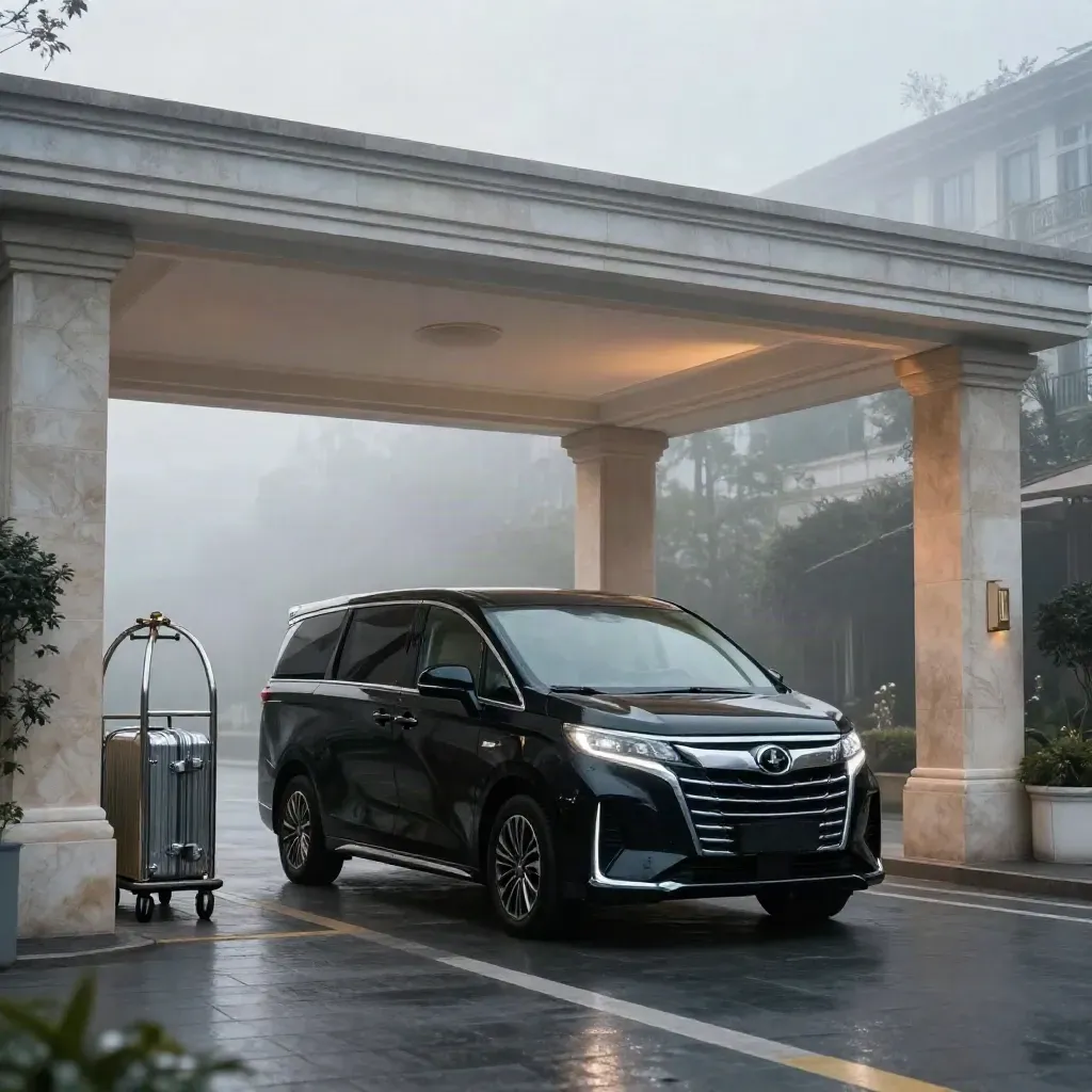 MPV hitam berkilat di bawah porte-cochère hotel ketika fajar berkabus, dengan troli bagasi.
