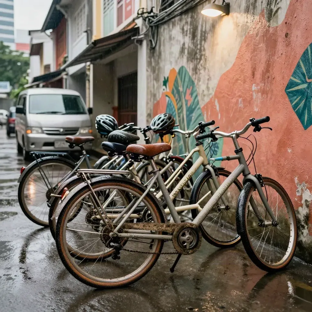 Enam basikal jelajah di lorong mural KL selepas hujan, van menunggu di hujung.