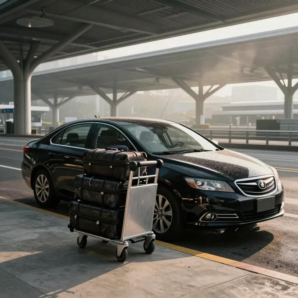 Kereta sedan transfer hitam dan troli bagasi di curb KLIA sebelum subuh.