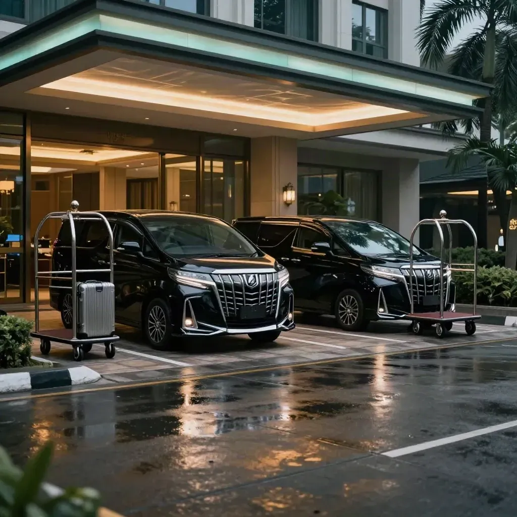 Dua MPV hitam di pintu hotel dengan troli bagasi dan cahaya lobi malam.