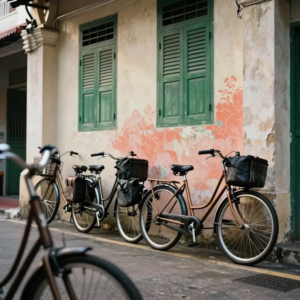 Deretan basikal di dinding mural Johor Bahru dengan fasad warisan pada petang lembap.