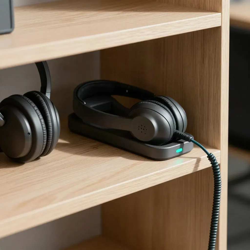 Headset, handset telefon dan cradle pengecas di rak kayu pucat dengan cahaya pagi lembut.