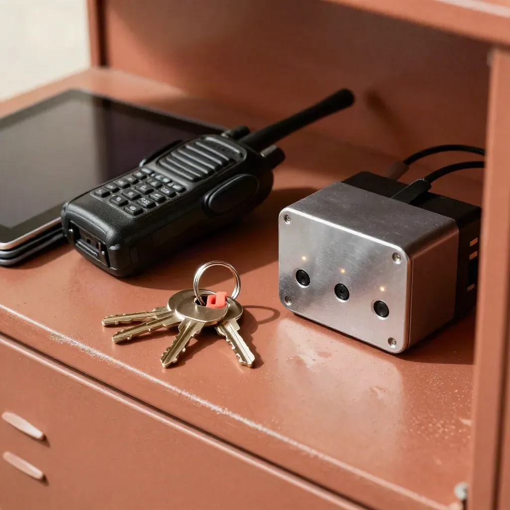 Kunci armada, walkie-talkie dan tablet pada hab pengecasan di permukaan konkrit terrakota.