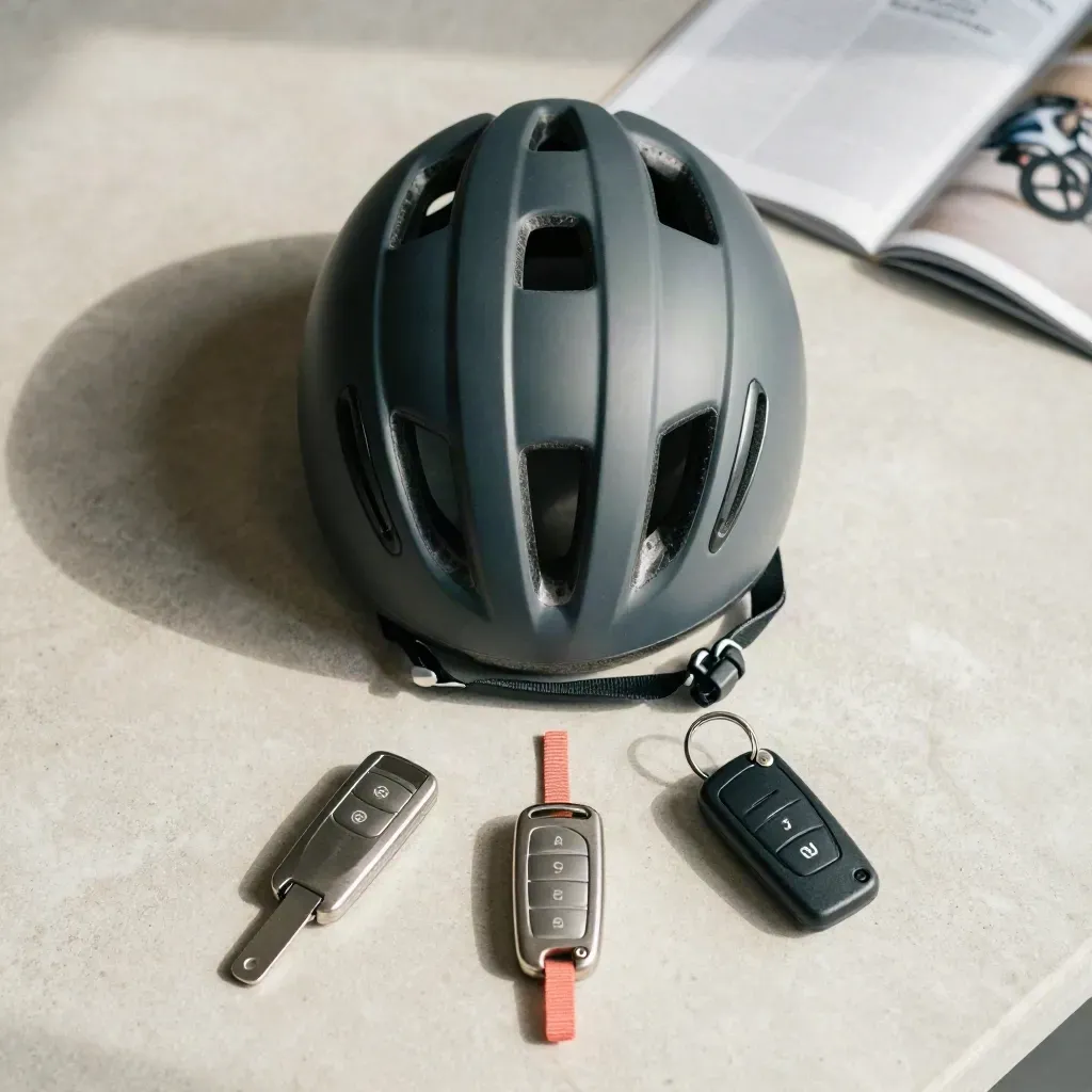 Flatlay atas: topi keledar, fob skuter dan fob kereta di atas batu cerah.