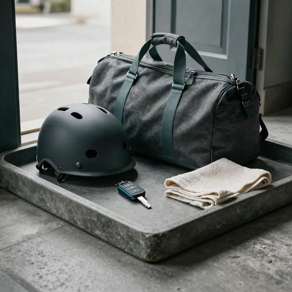 Set perjalanan di atas dulang batu: kunci kereta, helmet matte dan beg duffel berkemas.