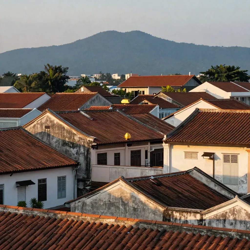 Bumbung rumah kedai George Town dengan Bukit Penang samar dalam cahaya keemasan.
