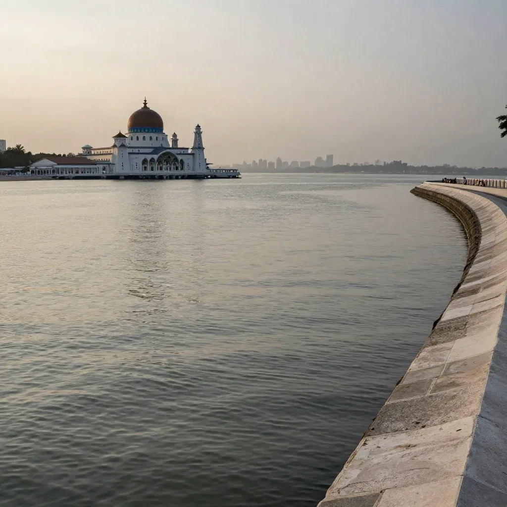 Senja di pesisir Johor Bahru dengan siluet Masjid Sultan Abu Bakar di langit berkabus.