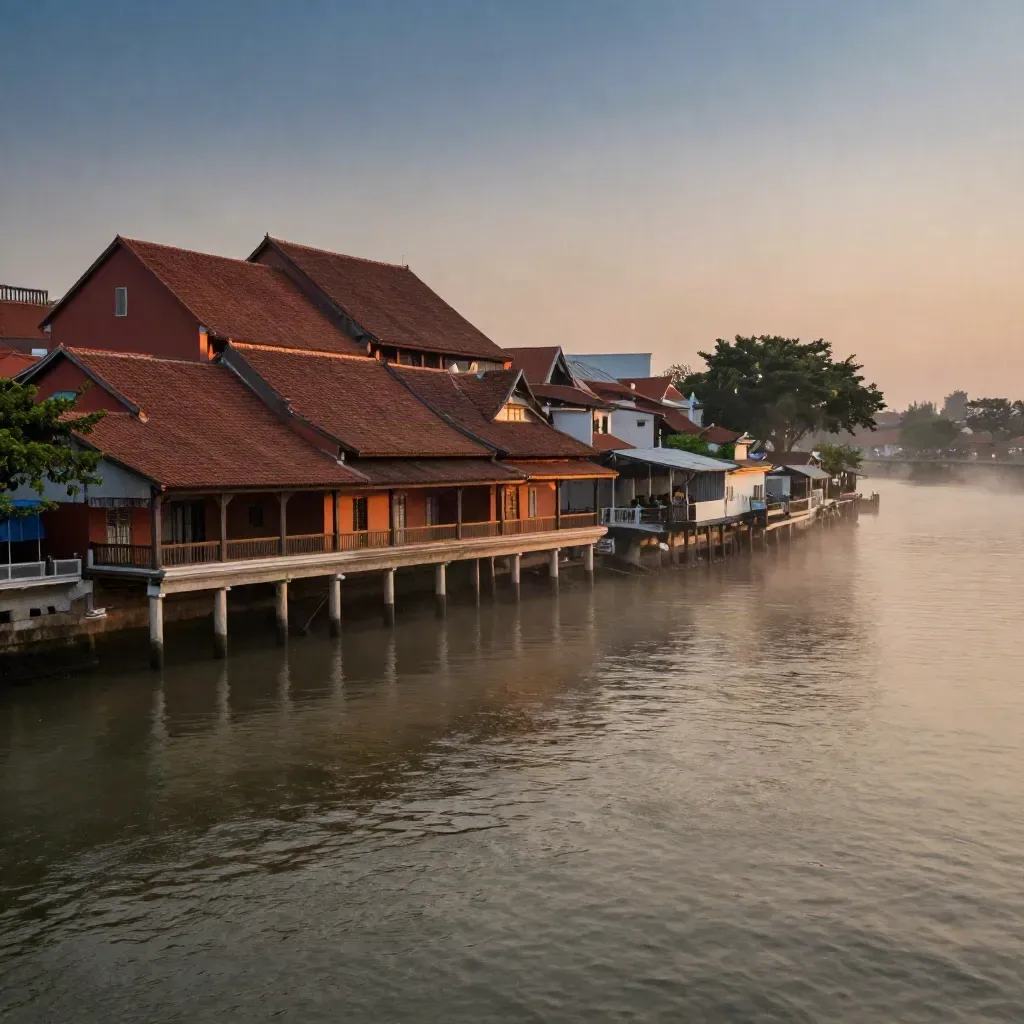Lengkung Sungai Melaka dengan bumbung Stadthuys tinggi di atas kabus senja.