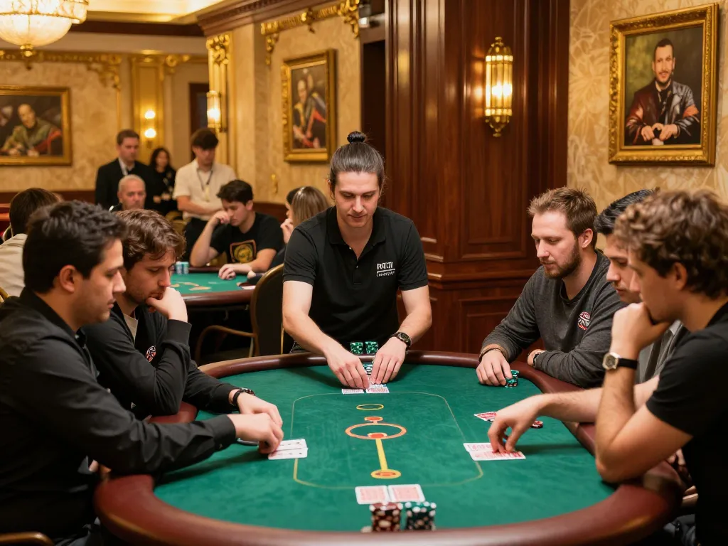 CM88 players engaged in a strategic poker tournament at a luxurious casino table.