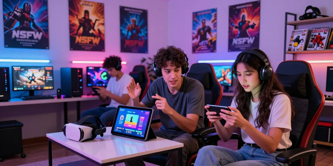 Engaging gamers discussing features of the latest nsfw apk in a vibrant gaming room.
