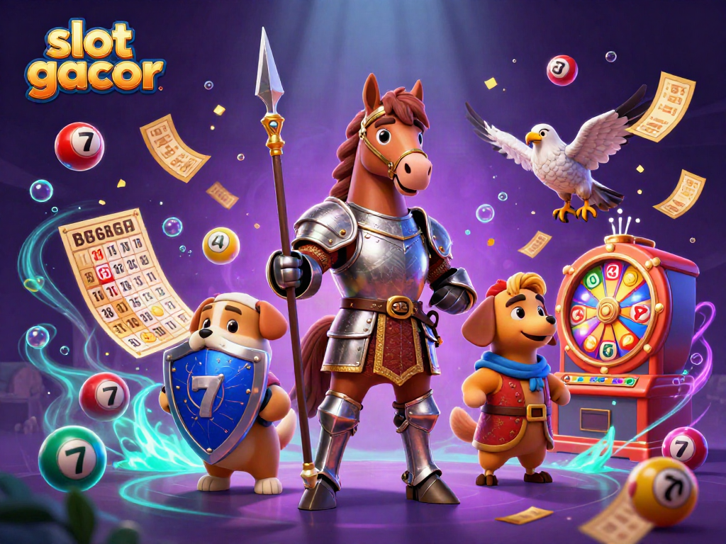 Experience slot gacor action with a medieval knight, squire, and falcon amid vibrant gambling elements.