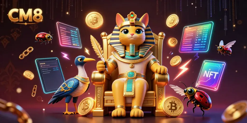 Engage with CM8's vibrant casino action featuring a royal pharaoh cat and digital gaming elements.