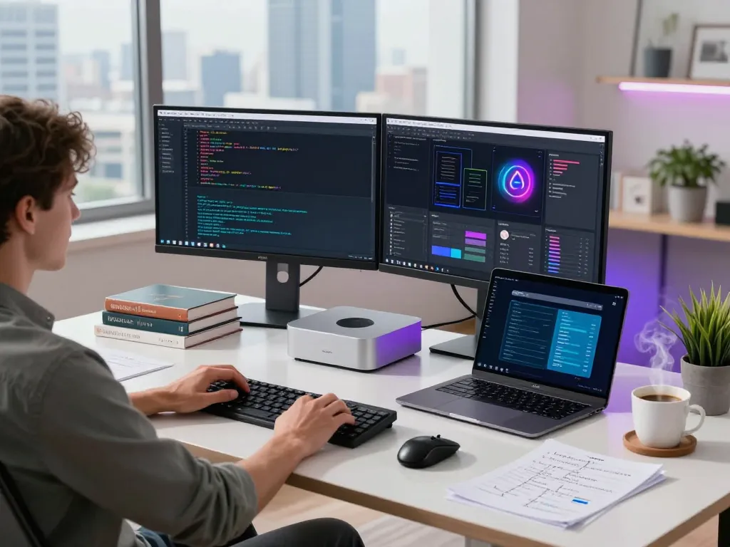 Developer using a Mac mini in a modern office setup with dual monitors and coding tools.