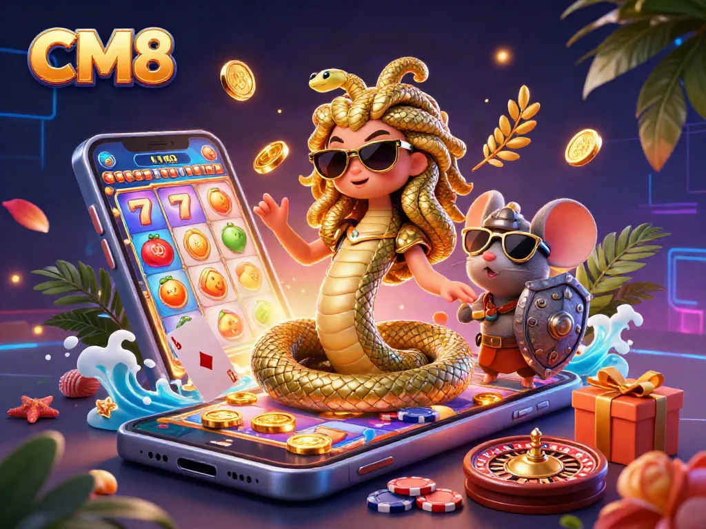 Play interactive casino games with CM8 in a vibrant 3D scene featuring Medusa and a warrior mouse.