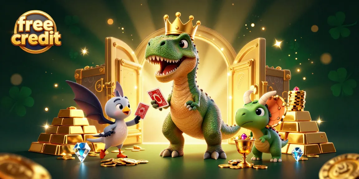 Engage with free credit opportunities while the T-Rex shuffles cards and stacks golden chips in a vibrant casino scene.