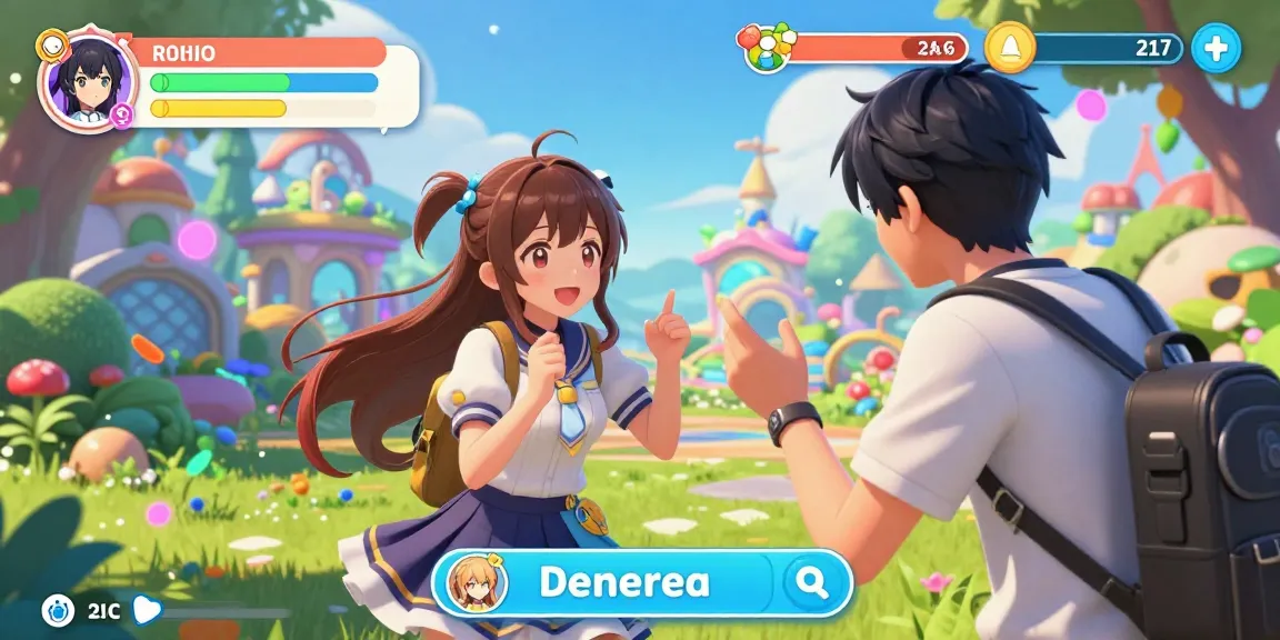 A vibrant scene from an ecchi game featuring animated characters and a whimsical fantasy background, showcasing interactive gameplay.