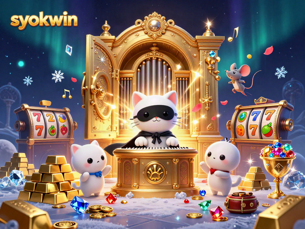 Experience the excitement of syokwin casino gaming with a vibrant 3D scene featuring whimsical characters and dazzling treasures.