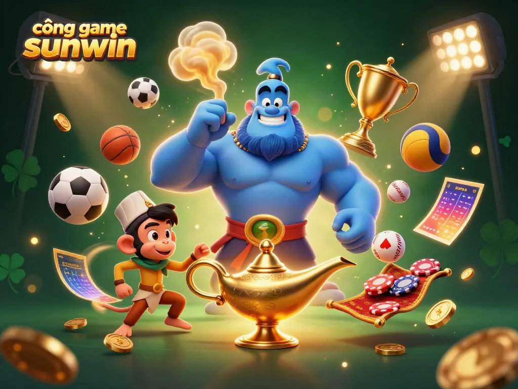 Engage in excitement at the cổng game sunwin with a dynamic gaming scene featuring a genie, monkey, and sports elements.