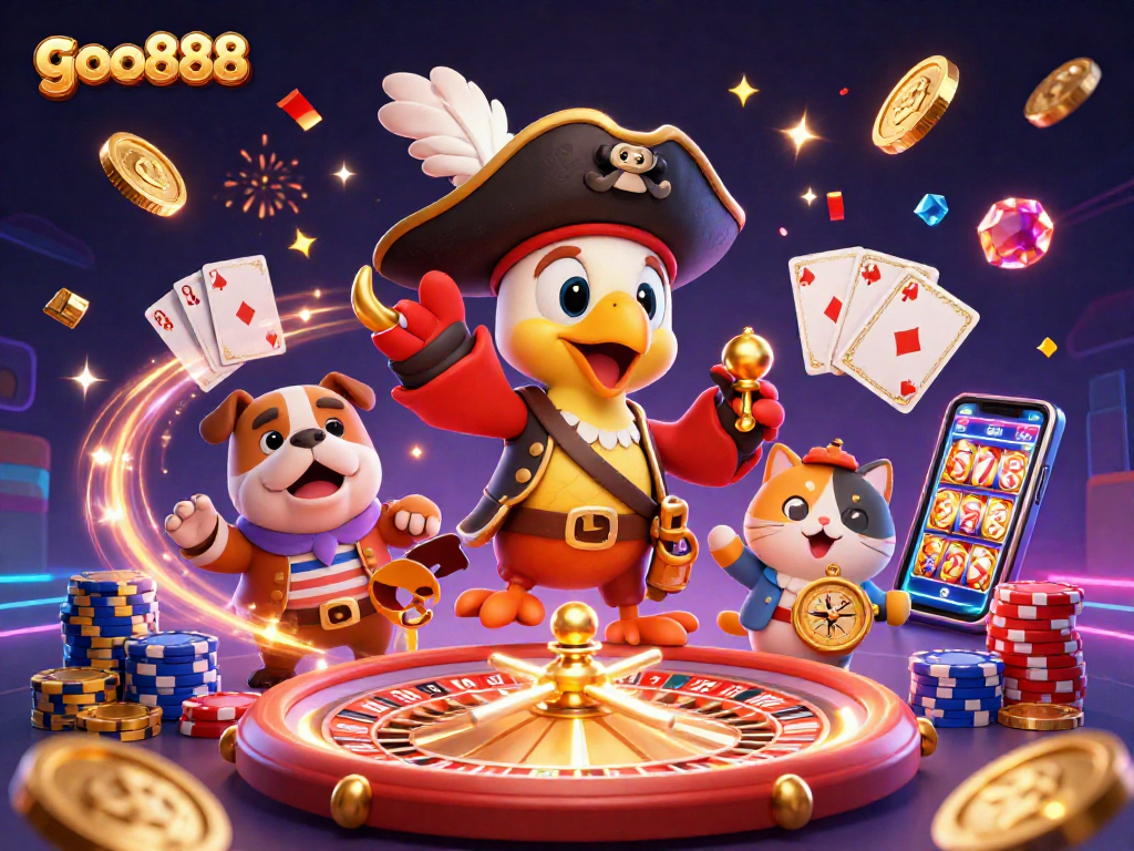 Experience the excitement of goo888 with a pirate-themed online casino adventure featuring vibrant characters and casino elements.