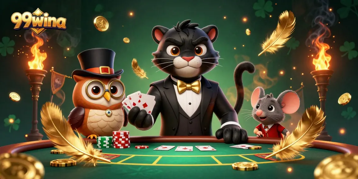 Engage in thrilling gaming at 99wina with a stylish illustration featuring a black panther dealer and lucky elements.