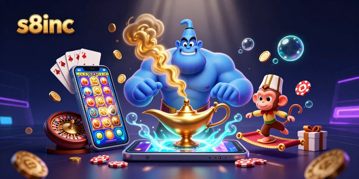 S8inc showcases an exciting casino scene with a dynamic genie, monkey, and magic carpet amid vibrant gaming elements.