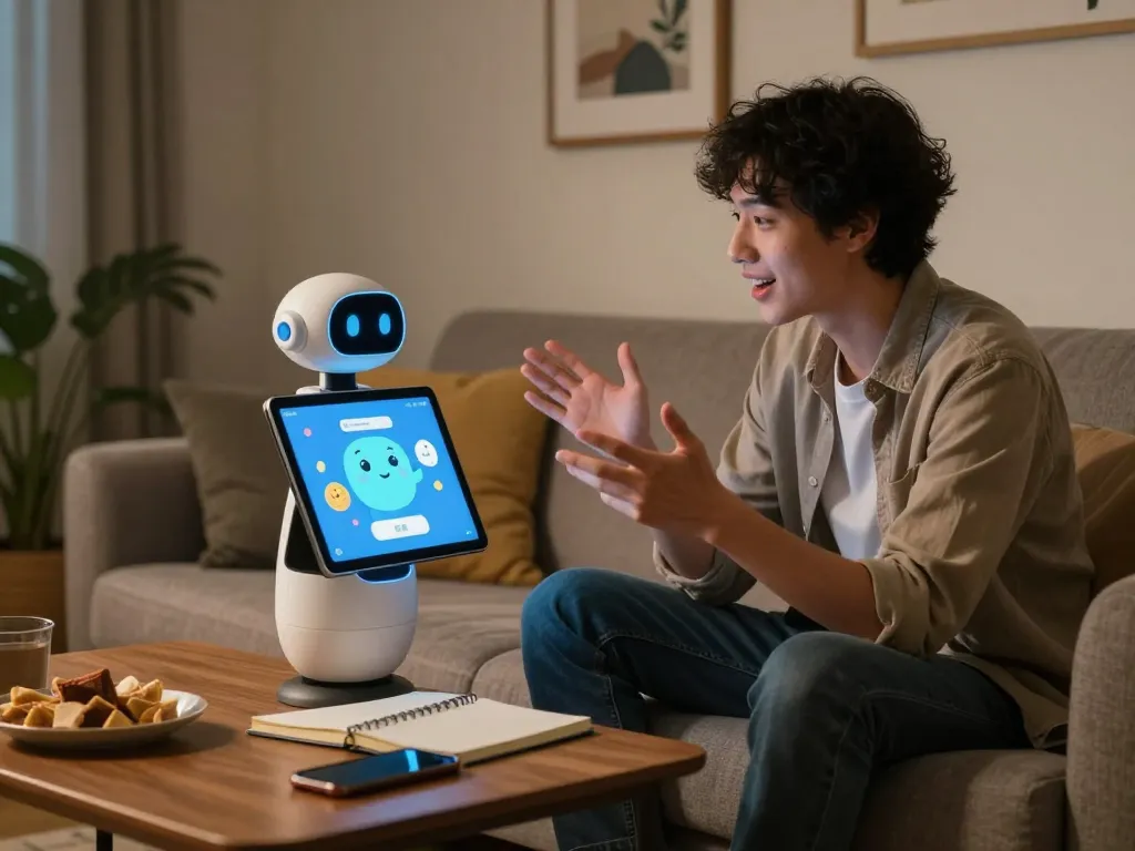 Engaging ai sex chat on a tablet in a cozy home setting with a lifelike chatbot