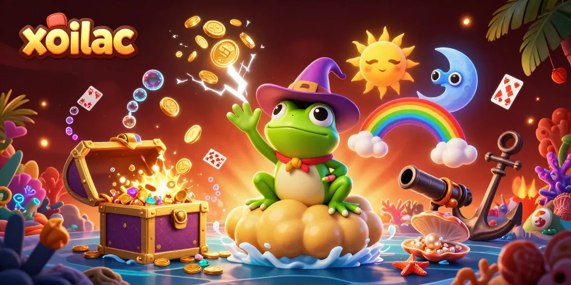 Experience the thrill of xoilac gaming with wizard frog unleashing golden coins and colorful treasures.
