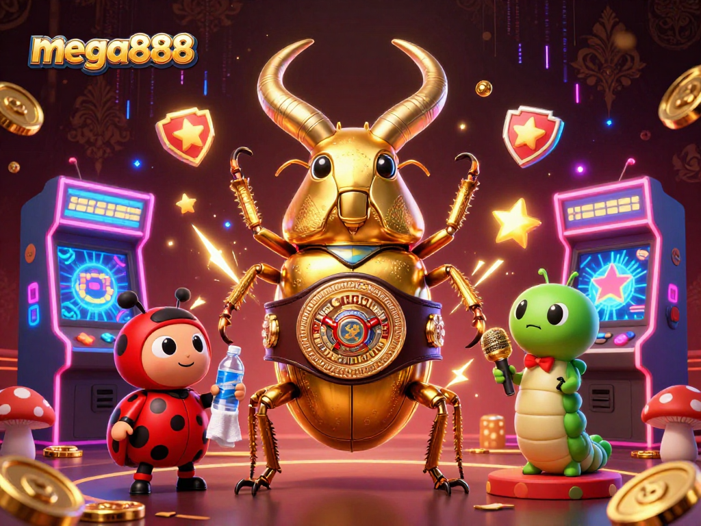 Permainan mega888 dengan slot menarik dan ciri bonus di antara karakter 3D kartun yang mencolok.